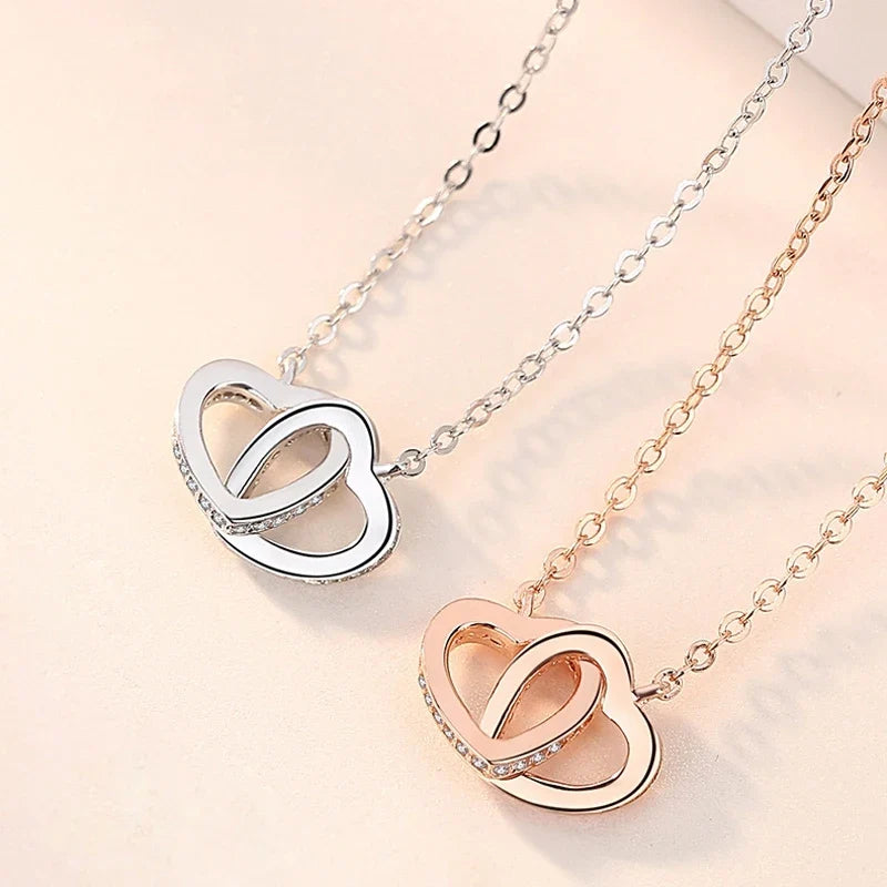 Colar Duplo Amor em Prata 925 com Zircônia e Ouro Rosa   Joia Feminina, Presente Perfeito