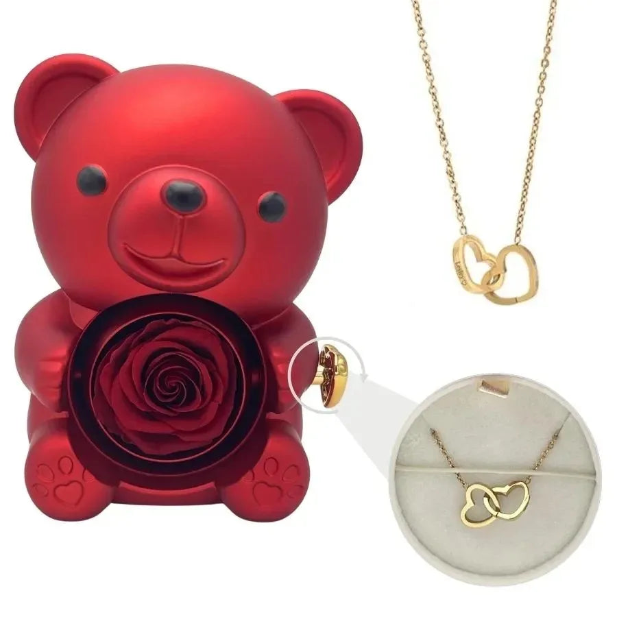 O URSO E A ROSA - Colar e Caixa de Joias Surpresa com Urso Giratório